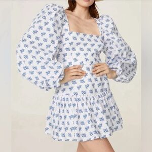 NEW Caroline Constas Julian Mini Dress Blue Toile Spot White Puff Sleeve